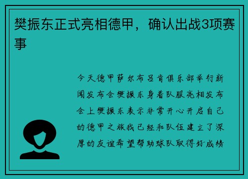 樊振东正式亮相德甲，确认出战3项赛事